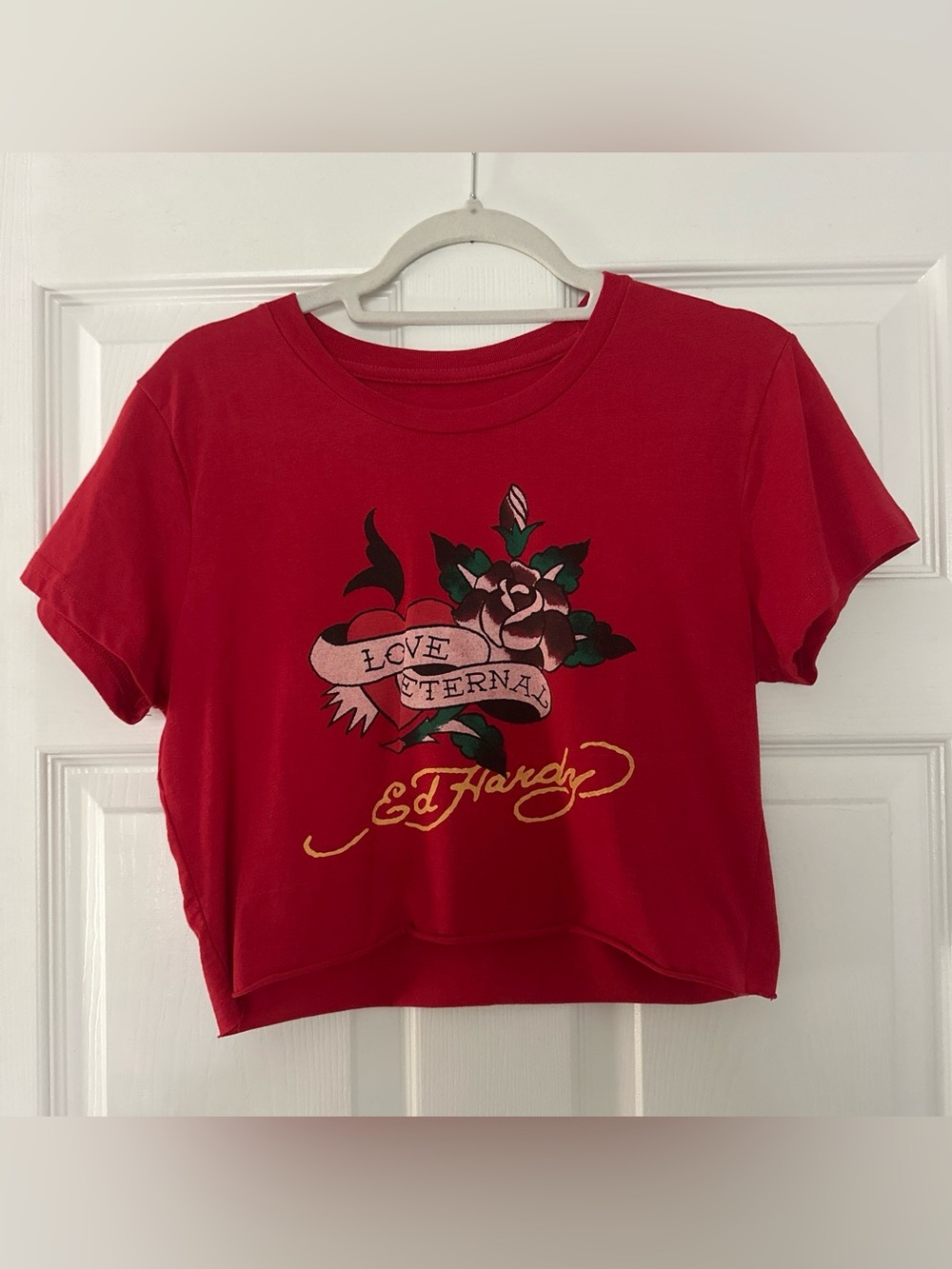 Ed Hardy Red Rose Banner Cropped Tee